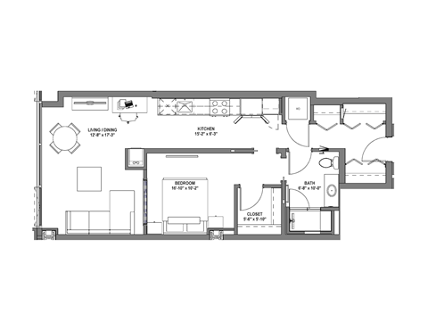 Floor plan for 1 bed, 1 bath, 745 sqft